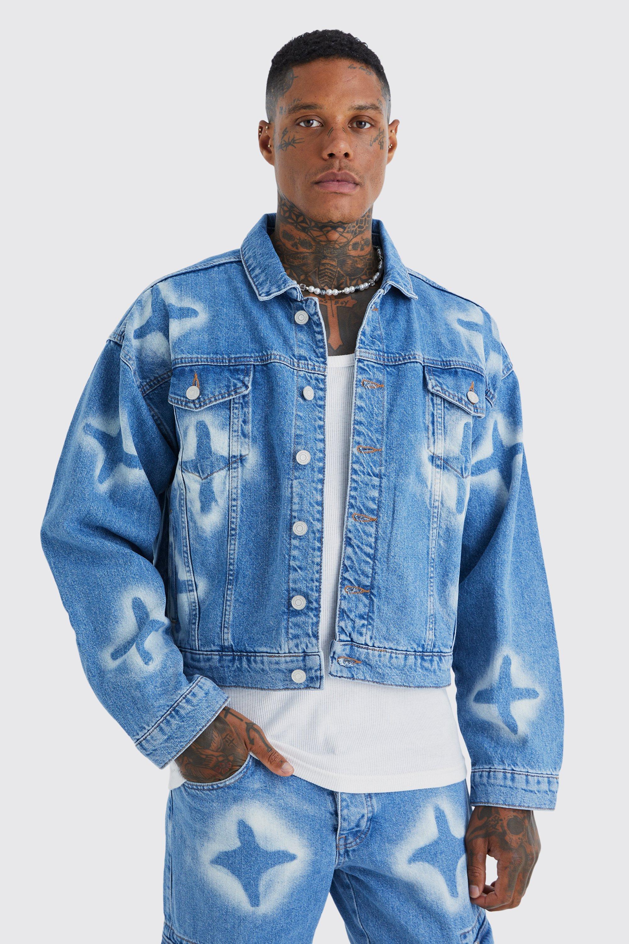 Boxy Fit All Over Star Graphic Denim Jacket | boohooMAN USA